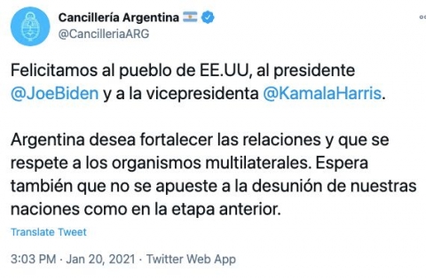 Fuertes críticas hacia Cancillería por el mensaje a Joe Biden tras su asunción