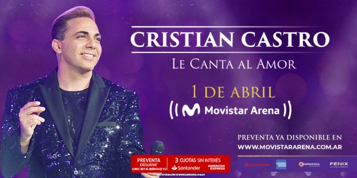 Cristian Castro le "cantará al amor" el 1 de abril en el Movistar Arena